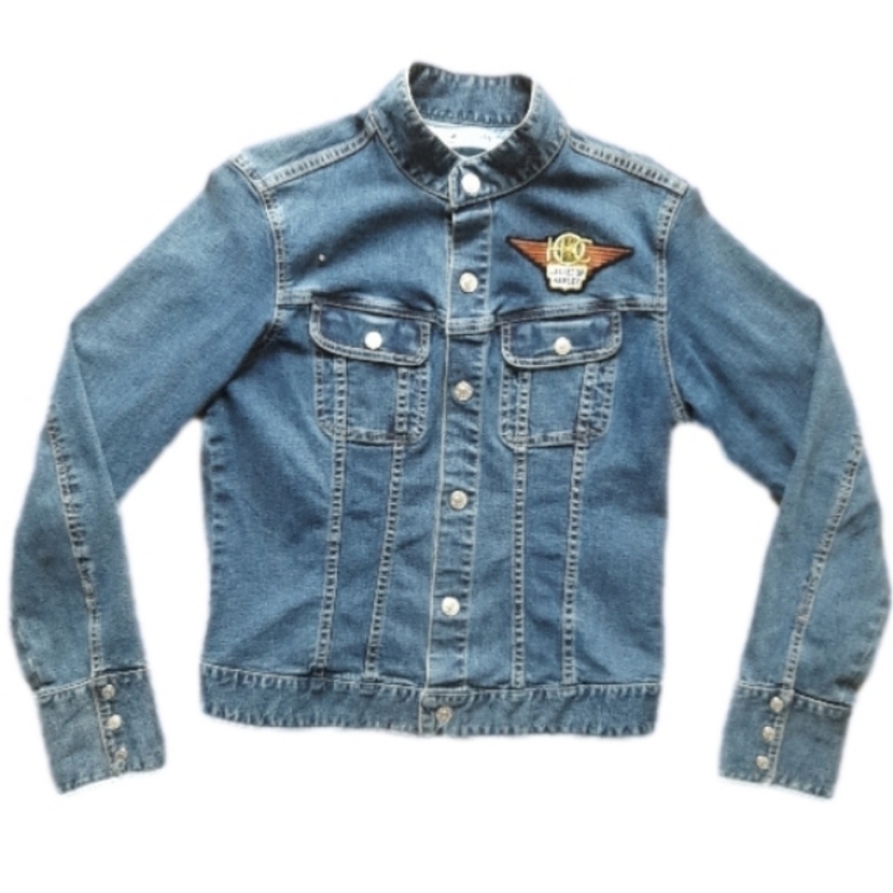 Tommy Hilfiger Jean Jacket Harley Patch Women's M Snap Up Stretch Denim Stretch